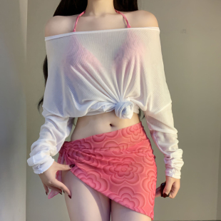 2025新款 纯欲四件套比基尼游泳衣女温泉 性感聚拢度假拍照防晒罩衫