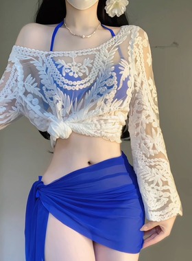 新款比基尼克莱因蓝泳衣女分体绝美海边罩衫防晒度假聚拢性感温泉