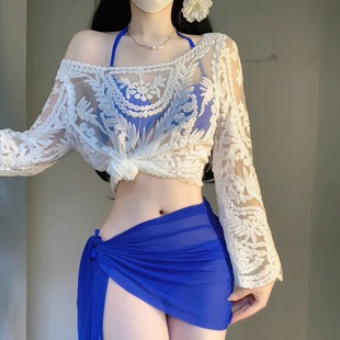 新款比基尼克莱因蓝泳衣女分体绝美海边罩衫防晒度假聚拢性感温泉