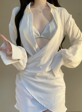 泳衣女2025新款辣妹白色比基尼衬衫性感纯欲度假海岛防晒长袖温泉