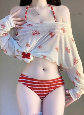 2025新款红条纹比基尼海边绝美泳衣女罩衫聚拢性感度假温泉辣妹风
