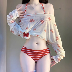 2025新款 聚拢性感度假温泉辣妹风 红条纹比基尼海边绝美泳衣女罩衫