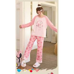 Disney/迪士尼秋冬季圆领长袖长裤睡衣女纯棉大码少女家居服0161
