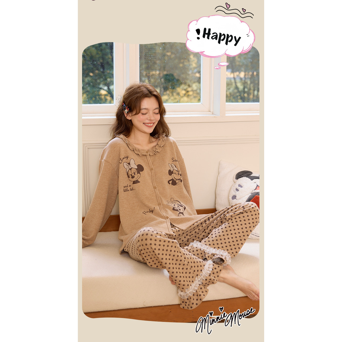 Disney迪士尼羊绒蚕丝秋冬长裤长袖卡通印花女大码舒适家居服0228
