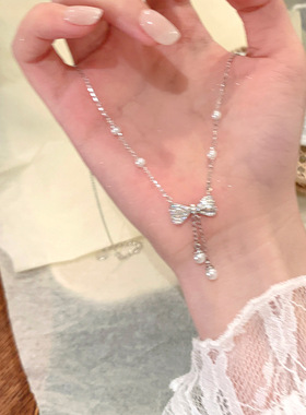 珍珠蝴蝶结流苏锁骨链女高级感