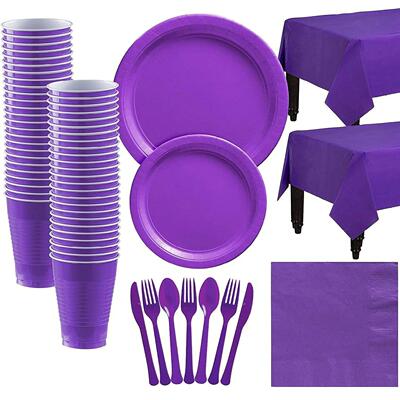 Pure Purple Party Set Disposable Cups, Plates, Paper Tablecl