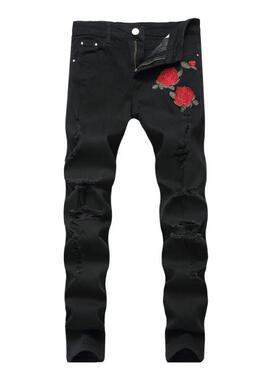 Men Rose Embroidered Ripped Jeans 男士玫瑰花刺绣修身牛仔裤