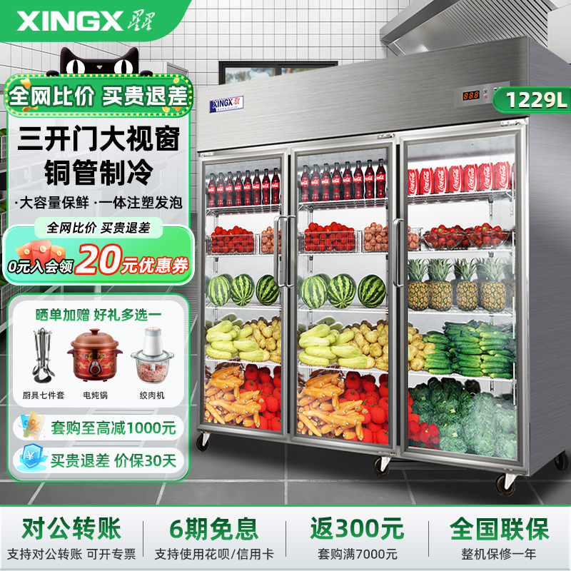 星星冷藏展示柜商用立式三门冰柜水果蔬菜炸串保鲜柜麻辣烫点菜柜