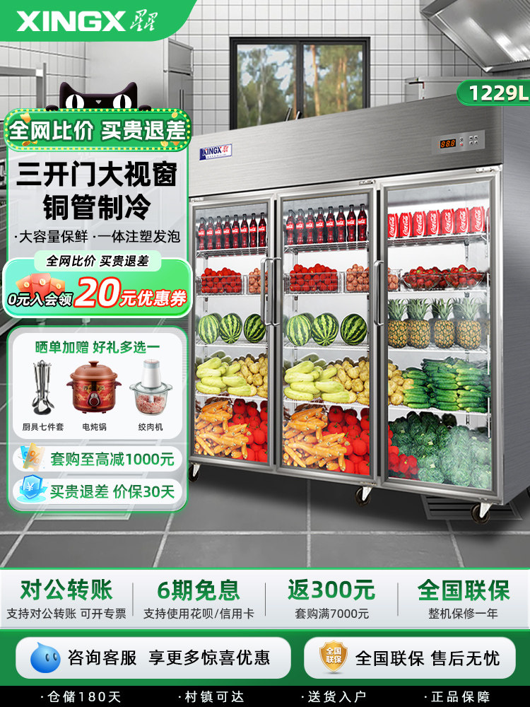星星冷藏展示柜商用立式三门冰柜水果蔬菜炸串保鲜柜麻辣烫点菜柜