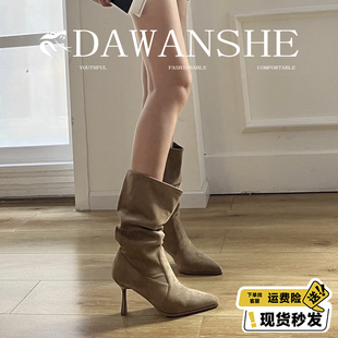 羊皮版~百搭短筒堆堆靴细跟高跟西部牛仔靴短靴杏色显瘦中筒靴子