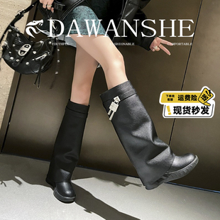 牛皮版~虞书欣同款鲨鱼靴锁扣长筒靴子女内增高厚底中筒高筒裤管