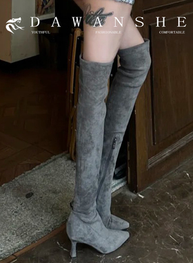 羊皮版~法式绒面高跟靴过膝长靴女弹力绒显瘦性感瘦瘦靴高筒靴