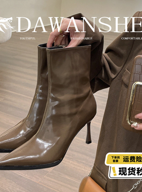 羊皮版~欧美复古尖头短靴子女2025新款气质辣妹高跟鞋漆皮瘦瘦靴
