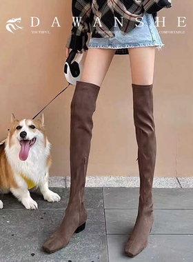 麂皮绒辣妹长筒女靴韩系粗跟过膝靴久站不累脚新款弹力瘦瘦靴女