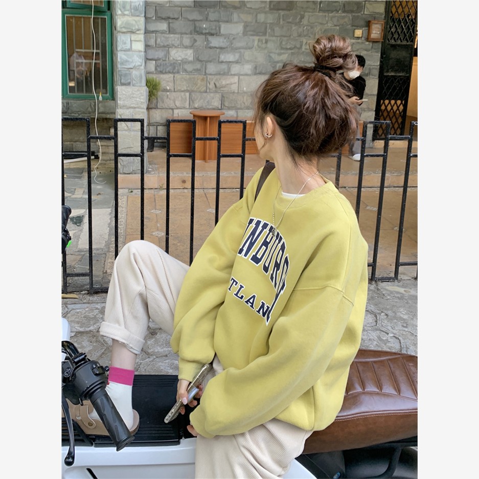 2025春秋宽松芥末黄卫衣冬加绒加厚套头上衣设计感小众休闲cec风