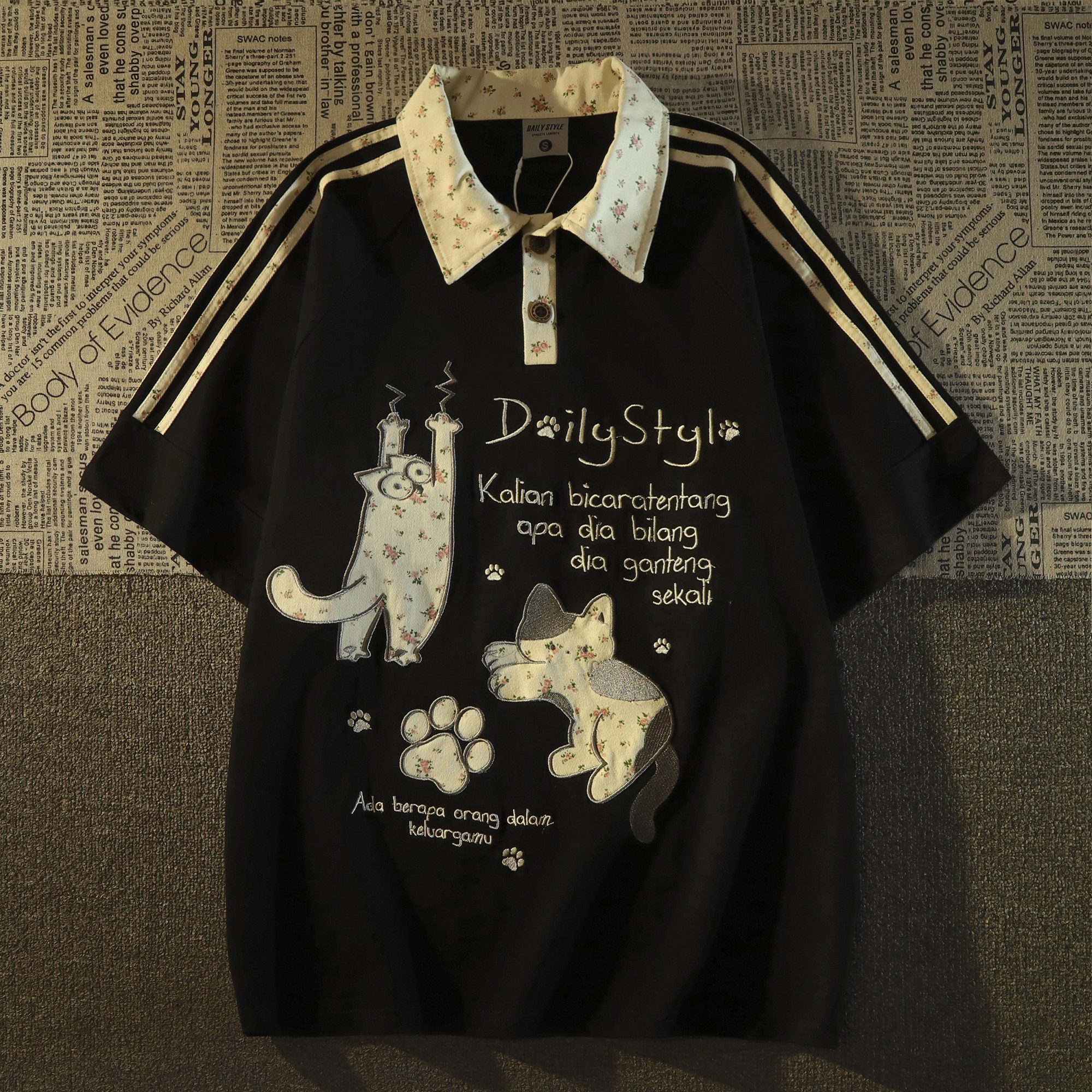 小碎花刺绣猫咪polo领短袖t恤女夏季宽松日系甜美设计感小众上衣