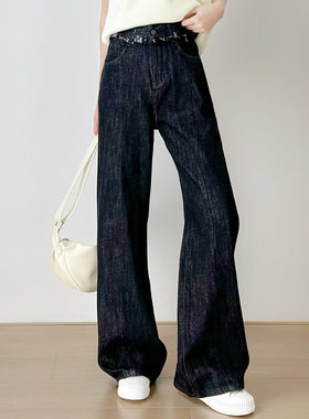 十一Studio作旧复古高腰阔腿牛仔裤宽松植绒直筒裤显瘦百搭休闲裤