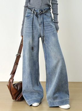 十一Studio高腰微喇抓绒牛仔裤女设计感高腰阔腿裤拖地牛仔喇叭裤