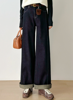 十一Studio复古美式极简风高腰加绒直筒牛仔裤女宽松显瘦百搭长裤