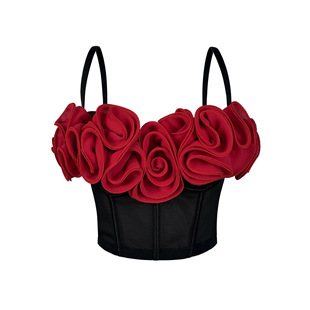 新款 立体花朵鱼骨胸衣纯欲抹胸背心网纱透气内搭鱼骨上衣辣妹吊带