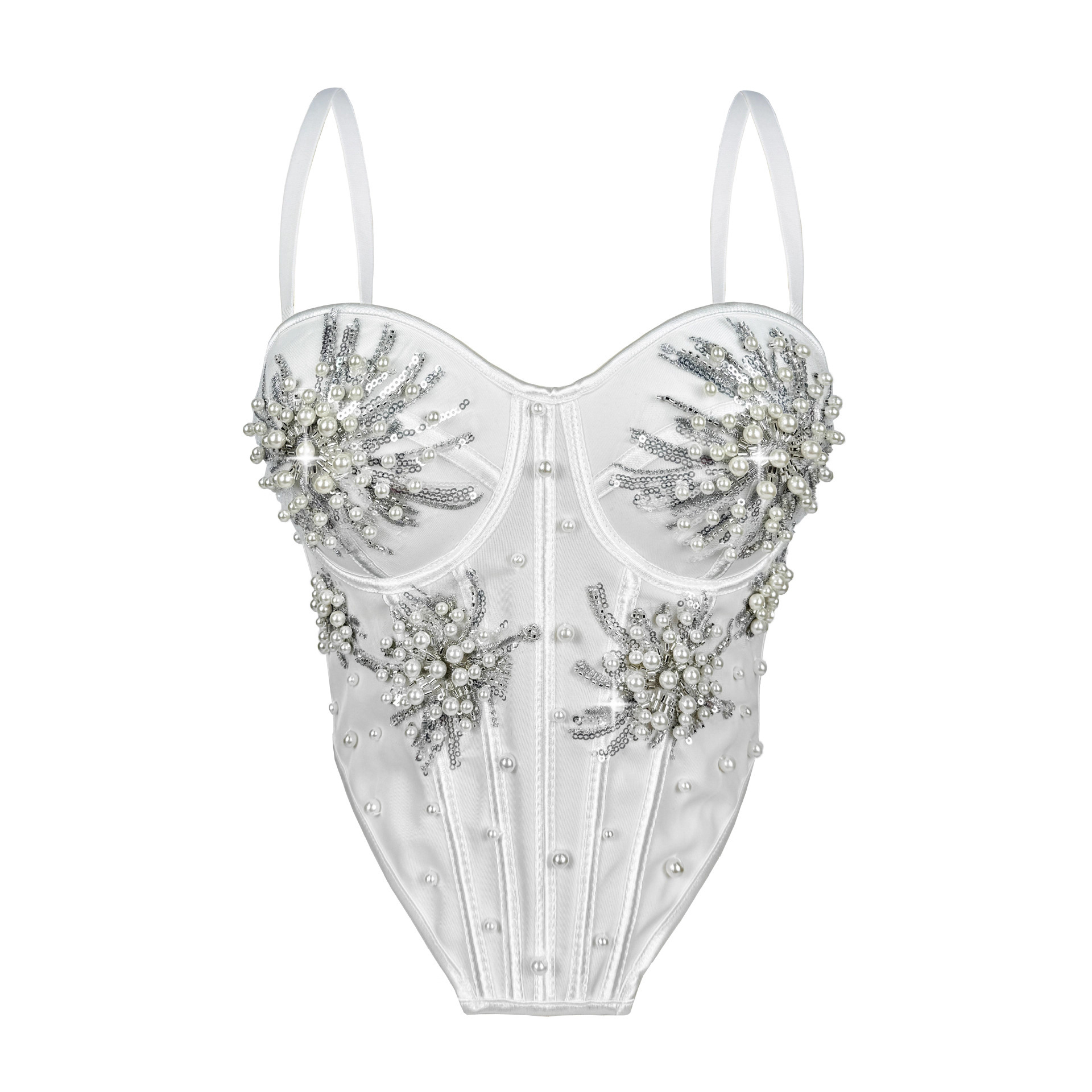 圣诞新年珍珠闪片鱼骨胸衣性感派对吊带背心手工钉珠外穿鱼骨上衣