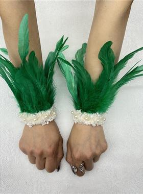 跨境27色羽毛手镯珍珠花边鸡毛手环袖口万圣节化妆服饰配件首饰