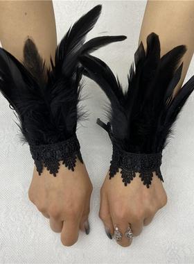 亚马逊羽毛手环万圣节表演舞会蕾丝羽毛腕带哥特风格羽毛手腕配饰