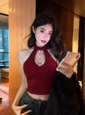 纯欲辣妹挂脖红色背心女装春季小心机镂空打底衫无袖上衣时尚百搭