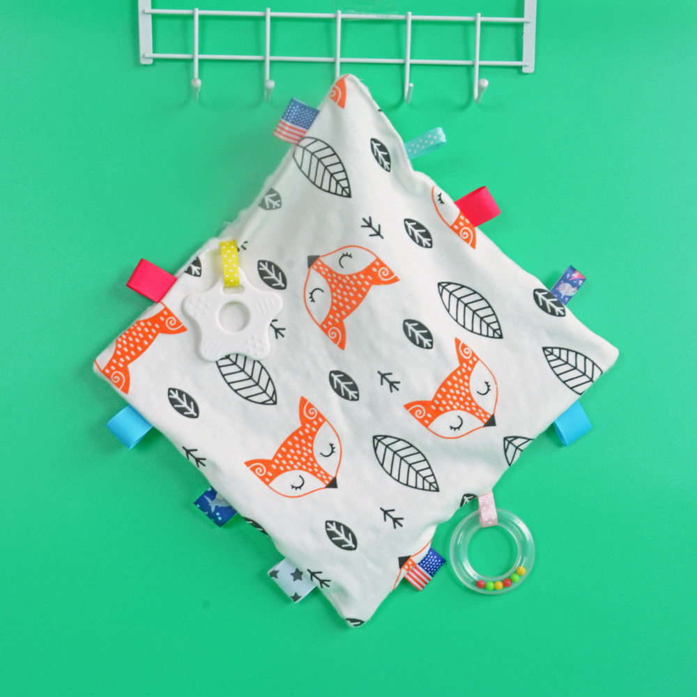 婴儿安抚巾 宝宝手帕 豆豆标签牙胶磨牙棒安抚口水巾全棉量大价优