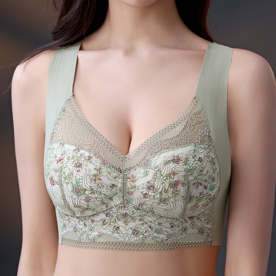 薄款印花款大胸显小聚拢大码胸罩无痕美背文胸一体运动抹胸内衣女