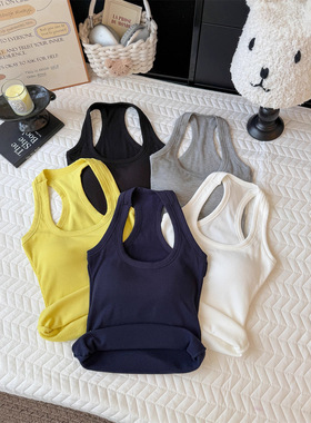 黄色显白磨毛螺纹挂脖背心女春夏2025新款辣妹风修身内搭吊带上衣