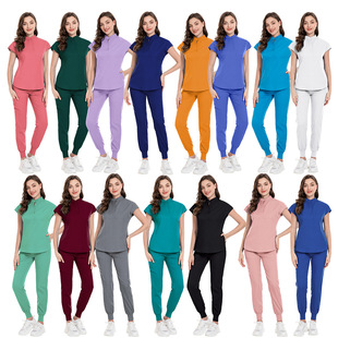 15色制服擦洗护理长裤 弹性立领护士服慢跑工作服亚马逊