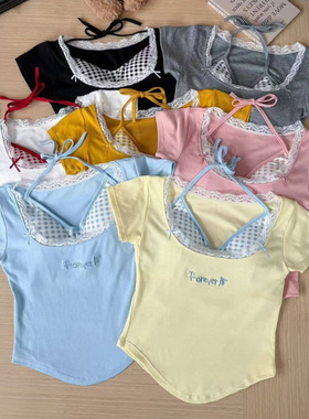 假两件字母刺绣红色格子蕾丝边吊带短袖T恤女夏季内搭带胸垫上衣