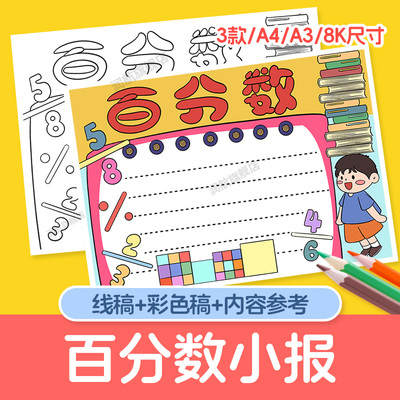 生活中的百分数手抄报黑白线 线描涂色空白六年级数学小报A4A38K