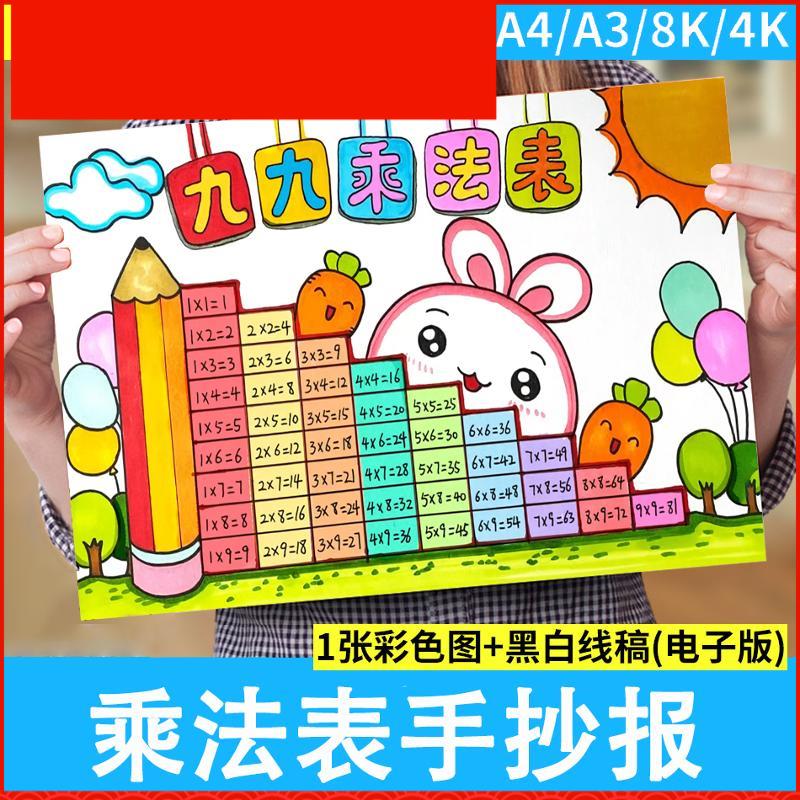 乘法口诀表手抄报小九九小报电子模板小学生数学主题黑白线稿A3A