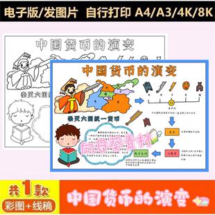 货币发展史手抄报中国货币的演变数学电子版小报黑白线描涂色模板