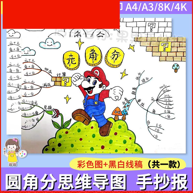 一二年级认识人民币元角分钱币手抄报数学小报黑白线稿思维导图a4