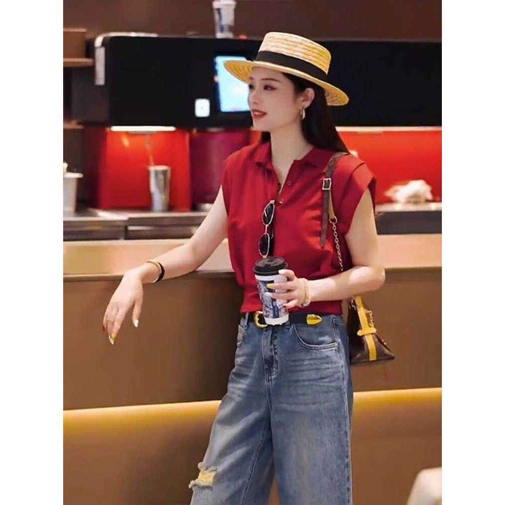 欧洲站2025夏装新款韩版休闲显瘦半开钮扣翻领无袖T恤女坎肩上衣