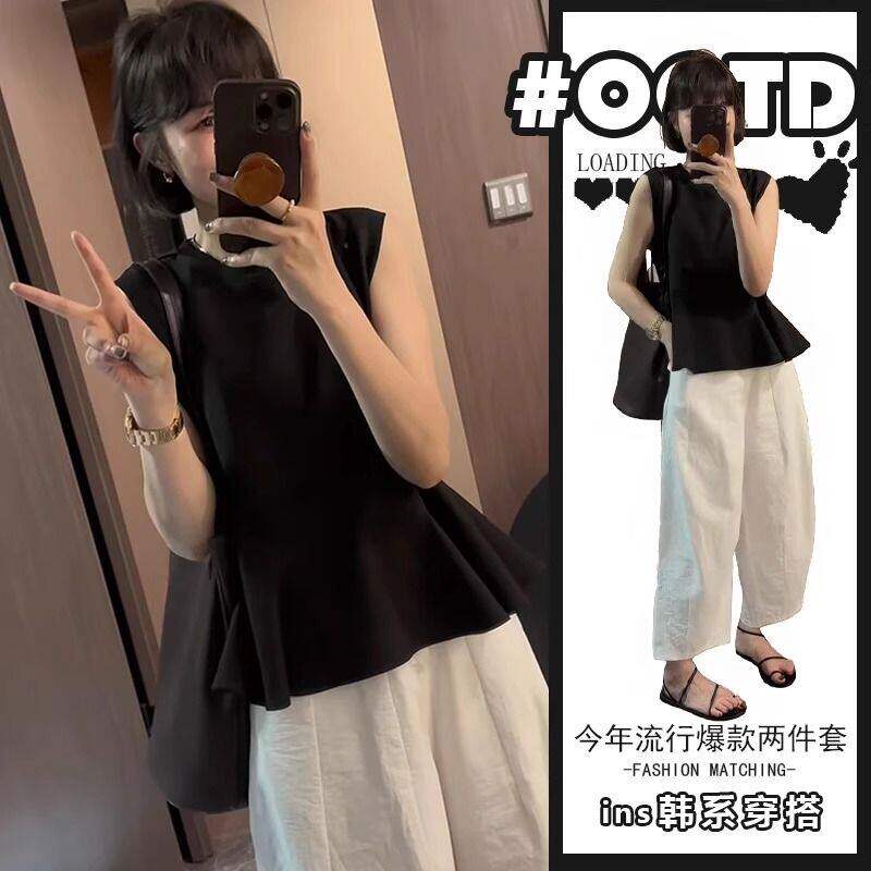 夏季小个子穿搭套装女盐系炸街减龄两件套花边无袖T恤显瘦九分裤