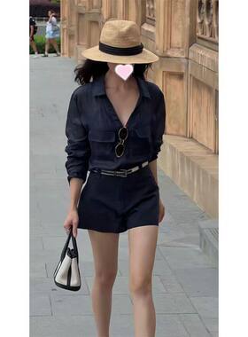 2026夏新款韩系港式气质藏青色POL0领长袖衬衫女薄款衬衫高腰短裤
