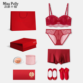 情侣蕾丝文胸大胸显小薄款 红色内衣内裤 结婚新娘新郎套装 性感女士