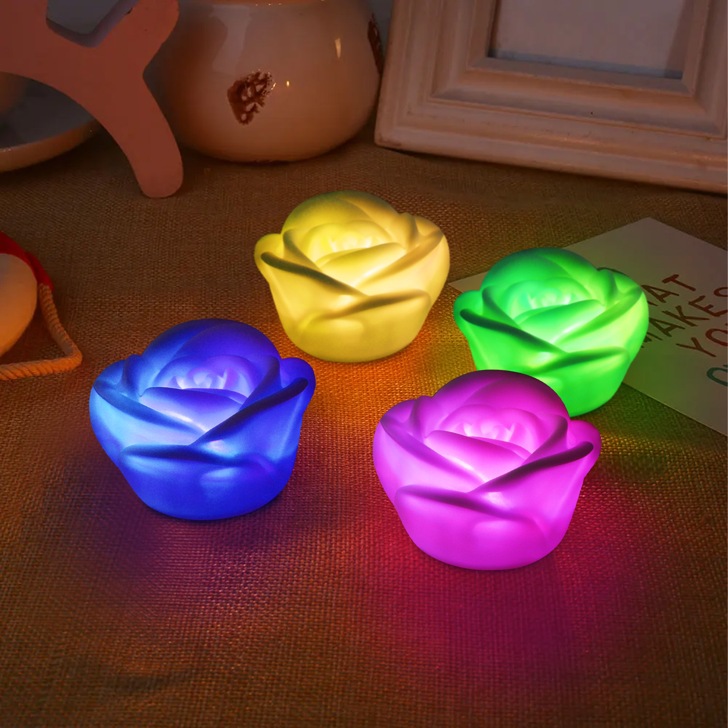 网红情人节七彩彩虹灯色仿真玫瑰花灯LED电子蜡烛灯表白神器ins风