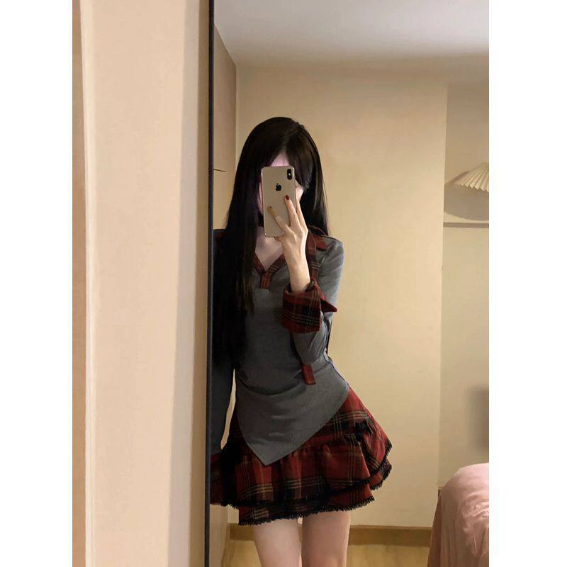 早秋美式甜辣妹格子连衣裙女夏季2024新款学院风公主蓬蓬短裙套装