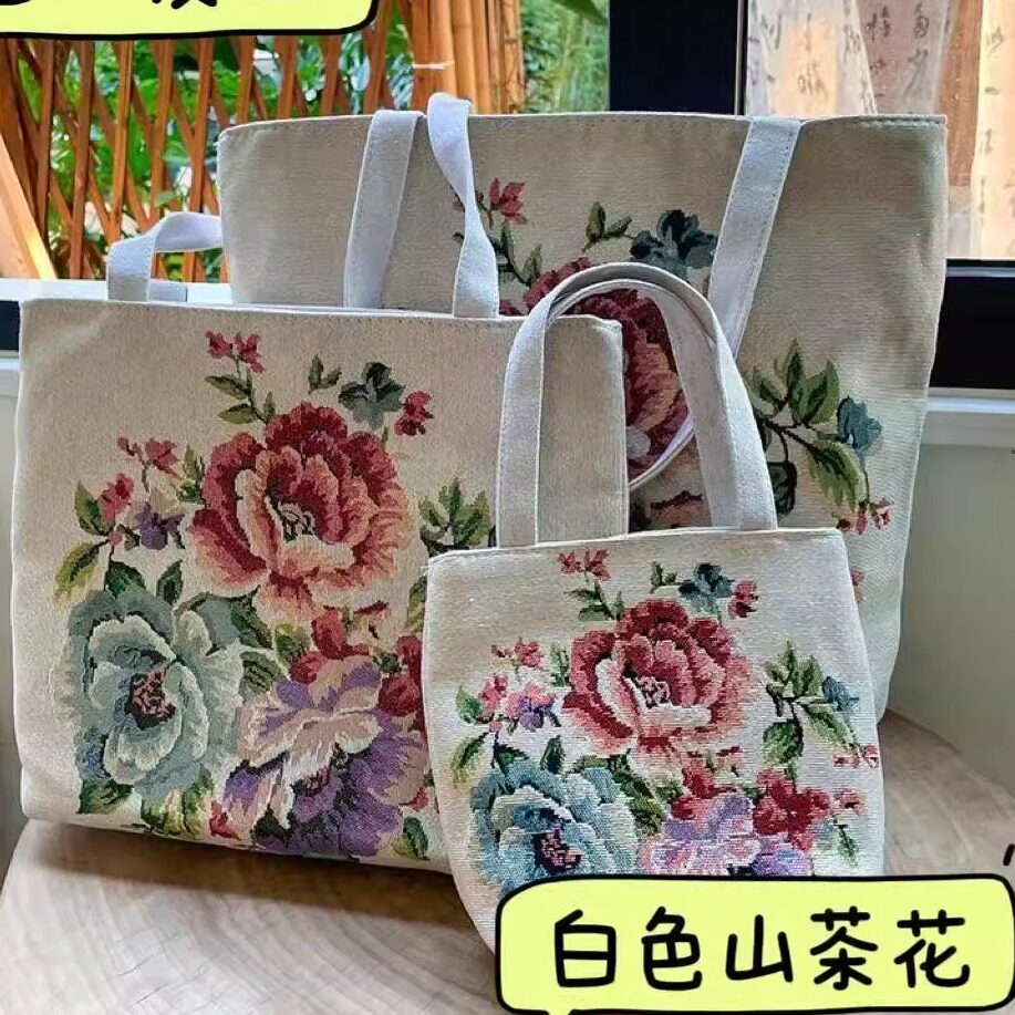 国风牡丹双面刺绣帆布包手提包单肩包休闲文艺学生上班外出通勤包