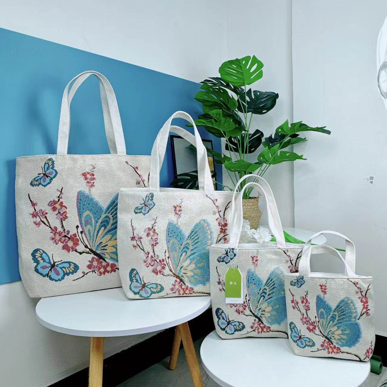 刺绣蝴蝶帆布包双面金丝提花刺绣单肩包上班通勤百搭包日常妈咪包