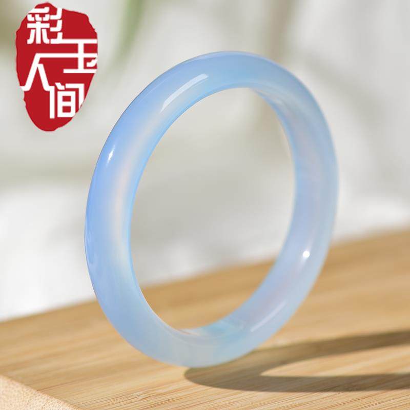 彩玉天然玛瑙高冰土耳其蓝玉髓手镯中国风清新少女款天空蓝玉镯