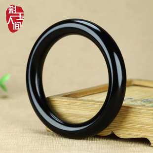 天然和田玉墨玉手镯女款新疆玉石镯子黑羊脂圆条汉服旗袍国风礼物