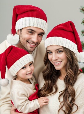 秋冬欧美爆款经典红色圣诞帽针织亲子帽节日装扮圣诞老人