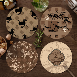 中古风复古杯垫圆形餐垫防水防油皮革隔热垫氛围感西餐垫美式复古