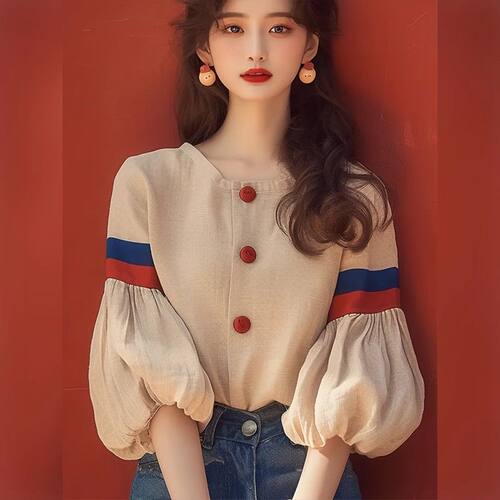 法式灯笼袖衬衫女夏季 小众设计感减龄洋气 2026新款杏色上衣